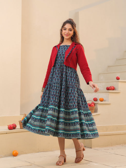 Women Ethnic Motifs Printed Fit & Flare Dress With Jacket